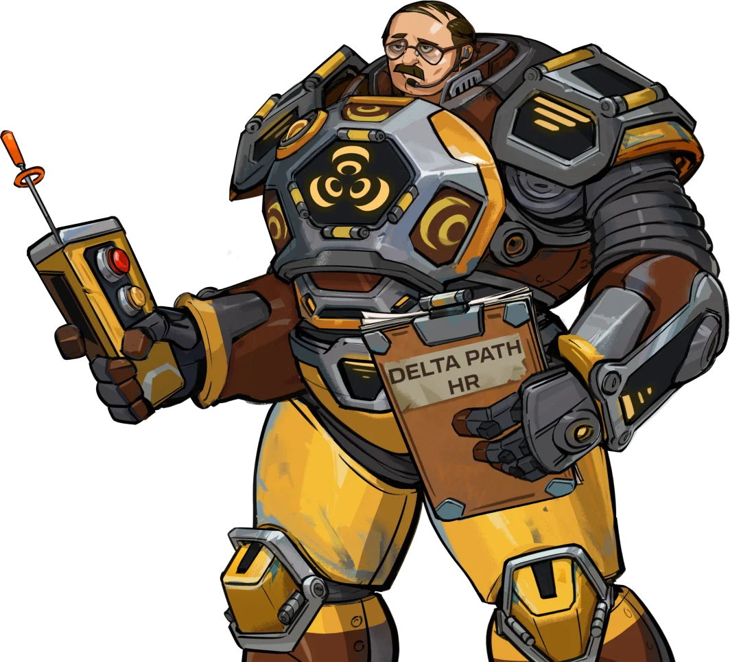 A Deltapath HR recruiter in power armour, clipboard in one hand